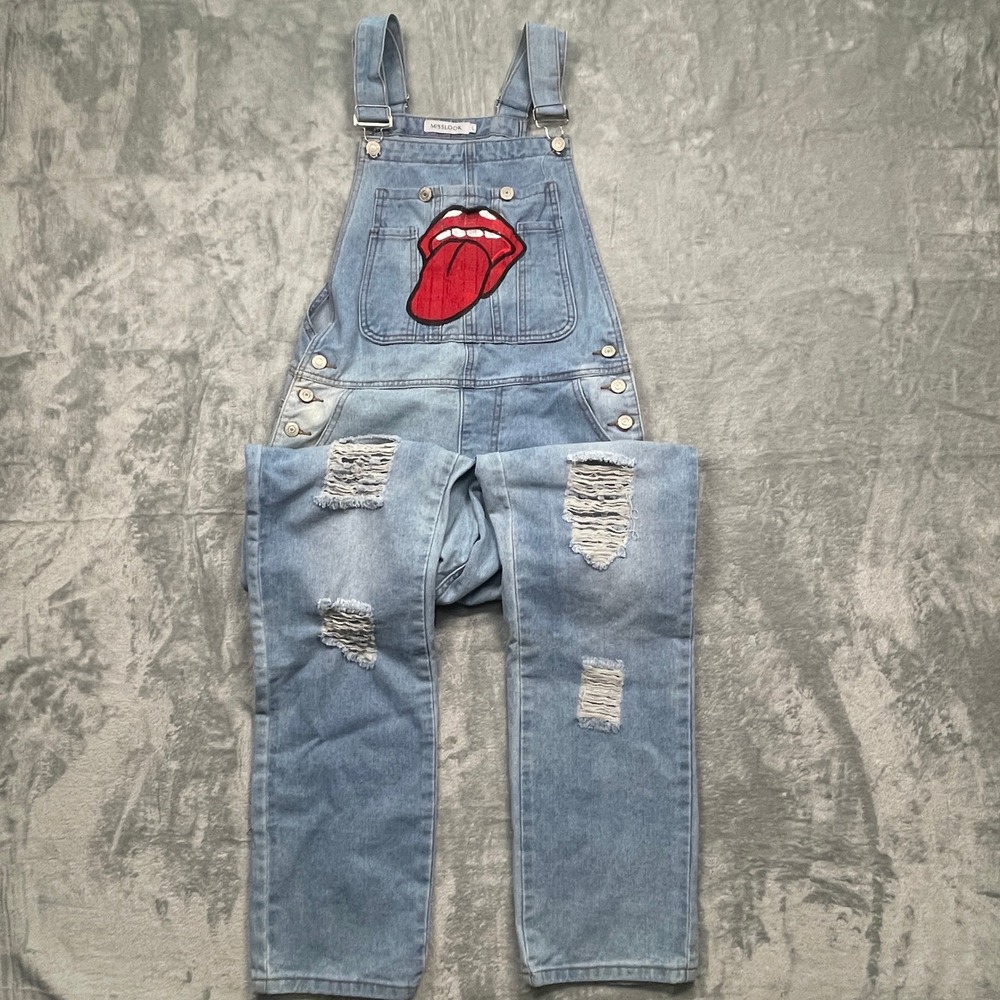 Misslook Distressed Denim Overalls Womens Large Light Blue Tongue Lips Patch
